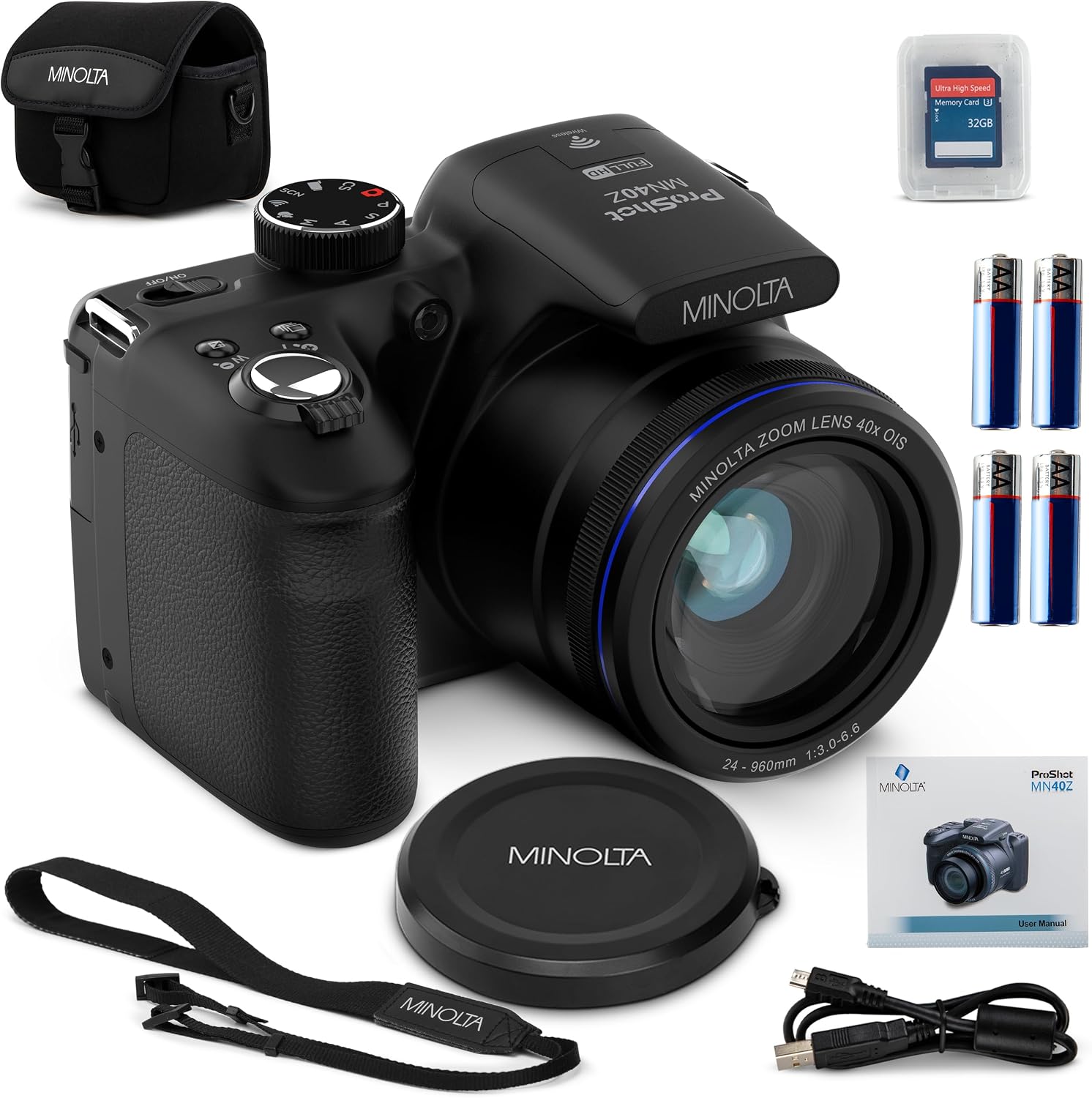 Minolta MN40Z 20MP Digital Camera – 40x Optical Zoom, 1080p FHD Video, 3.0' LCD, Wi-Fi, Face/Smile/Blink Detection – Black