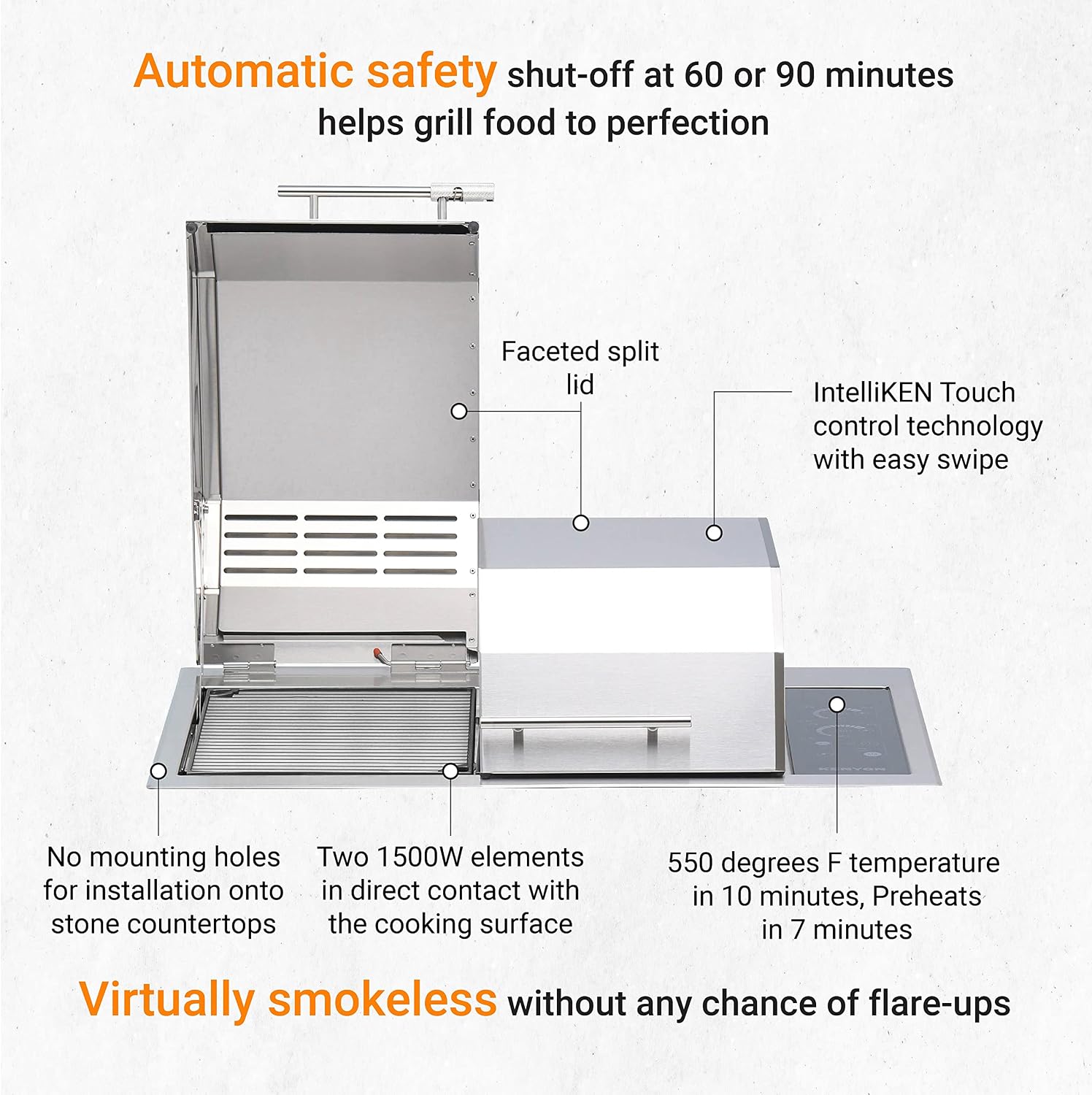 Kenyon Texan Built-In Electric Grill With 2 Burners And IntelliKEN Touch Control, Stainless Steel Body, Rust-Proof Grill, UL-Approved For Indoor And Outdoor Use, Dishwasher Safe Grates, 240V