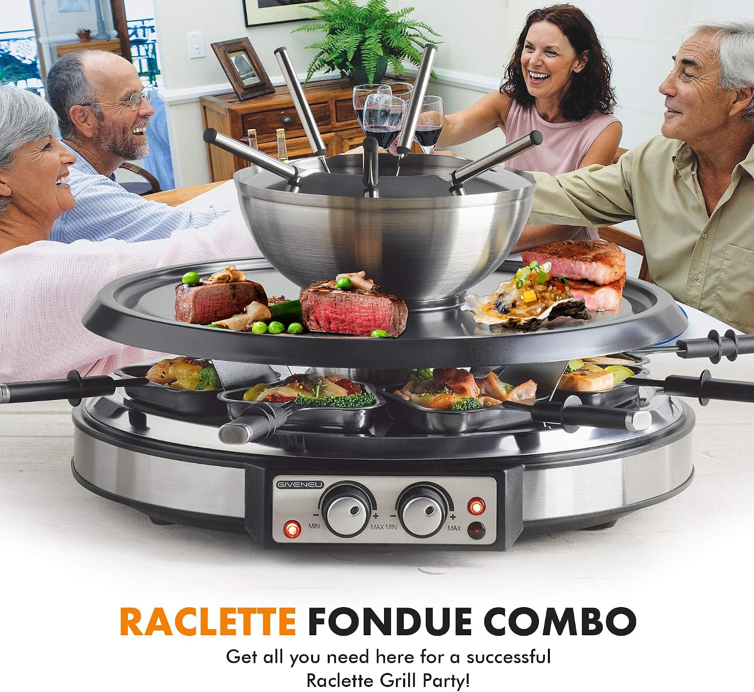 GIVENEU 2-in-1 Electric Fondue Pot Set & Raclette Grill Combo (8 Person), 1500W Indoor Tabletop BBQ with 600ml Stainless Steel Cheese/Chocolate Melting Pot, Dual Thermostats for Holiday Family Parties
