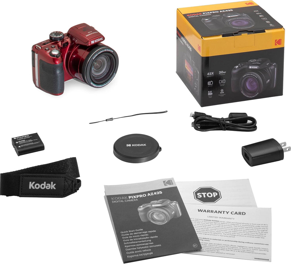 Kodak PIXPRO AZ425 Digital Camera + 32GB Memory Card + Camera Case (Black) + Battery + Charger + USB Card Reader + Table Tripod + Accessories (Red)
