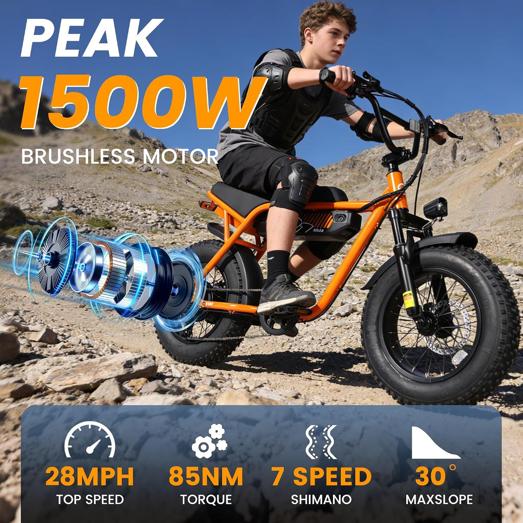 ESKUTE V100 Electric Bike for Adults, Electric Dirt Bike 1500W Peak Motor, All Terrain Dual Suspension E Bike 28MPH Top Speed, Ebike Up to 60 Miles Range, 16' Fat Tire, 48V13Ah Battery, 7-Speed