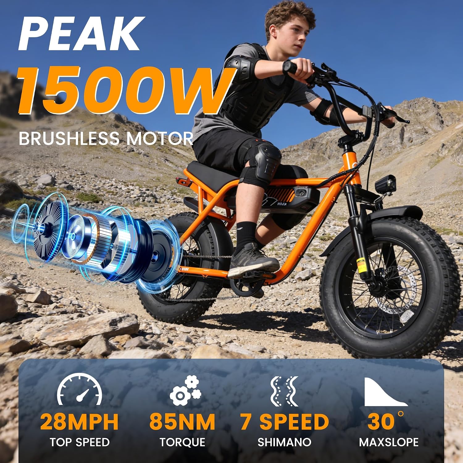 ESKUTE V100 Electric Bike for Adults, Electric Dirt Bike 1500W Peak Motor, All Terrain Dual Suspension E Bike 28MPH Top Speed, Ebike Up to 60 Miles Range, 16' Fat Tire, 48V13Ah Battery, 7-Speed