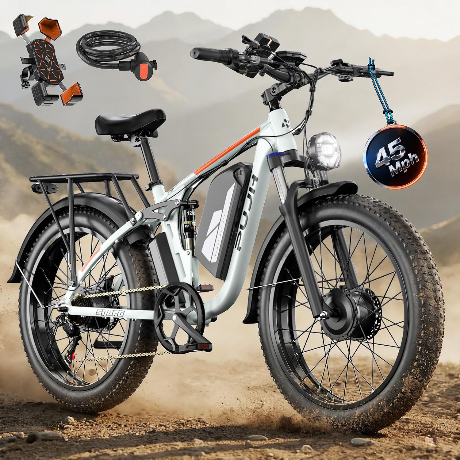 6000W Max Speed 45MPH Dual Motor Electric Bike for Adults,60V 1200Wh Removable Battery with 24' Fat Tire Up to 100 Miles Range with Full Suspension All Terrain Ebike for Men Women PU364