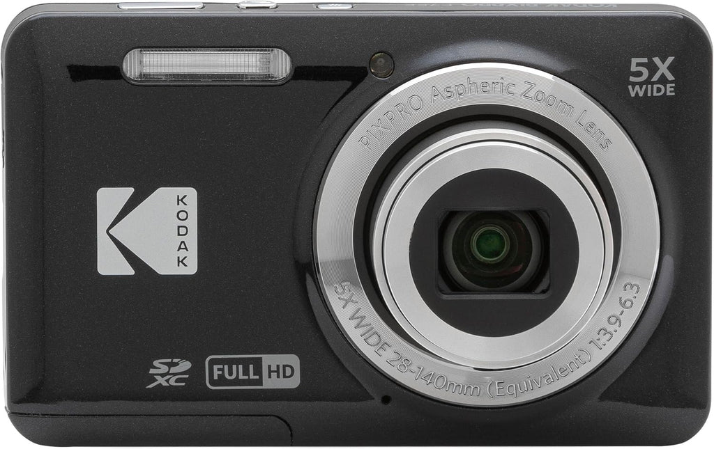 Kodak PIXPRO FZ55 Black 16MP Digital Camera 5X Optical Zoom 28mm Wide Angle 1080P Full HD Video 2.7' LCD Camera + 64GB Card and Reader + Case + Memory Wallet + Tripod + Cleaning Bundle