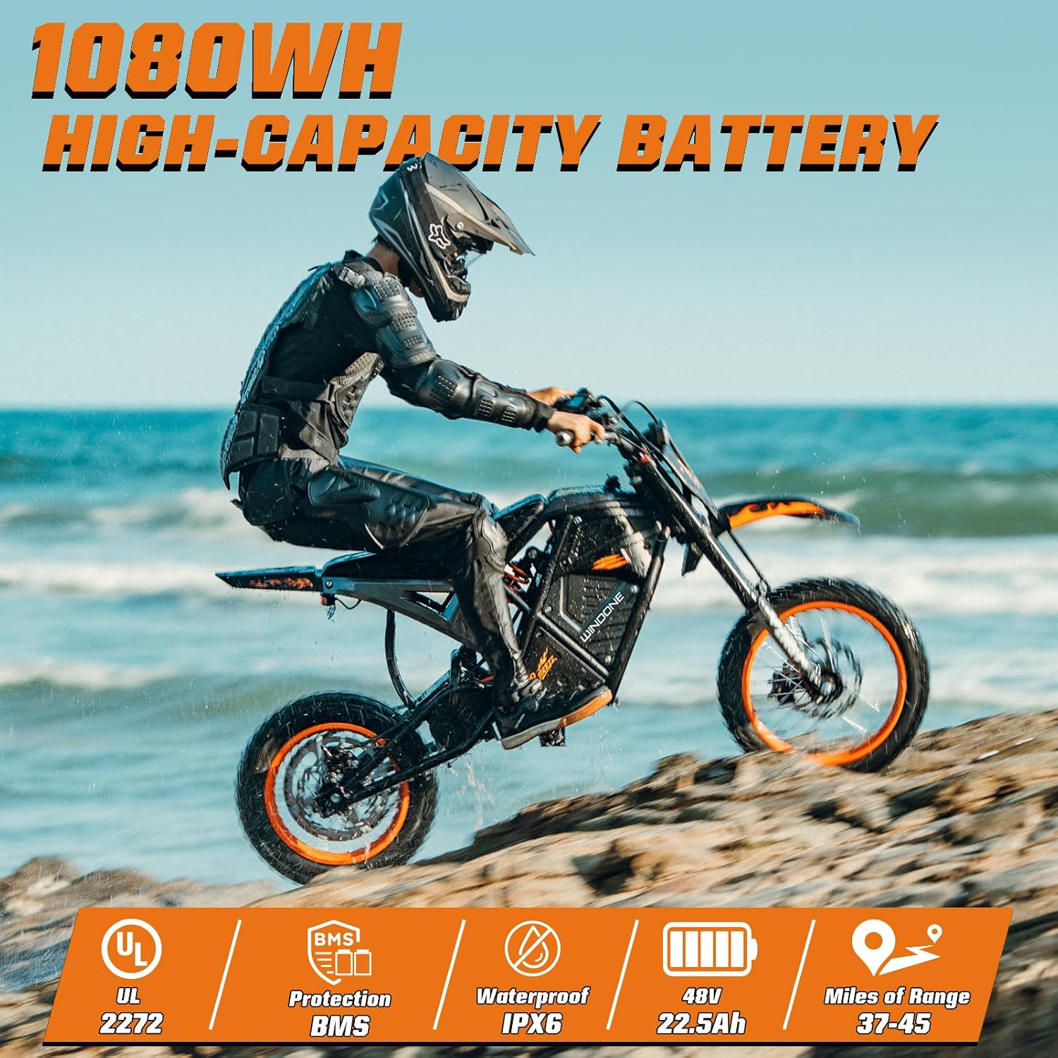 Windone RM7 Electric Dirt Bike, 48V 22.5Ah Up to 37MPH & 45-Mile Electric Motorcycle, 2200W Ebike, 14'/12' Off-Road Tire E-Bike, Dual Hydraulic Brakes, Full Suspension, Black & Orange