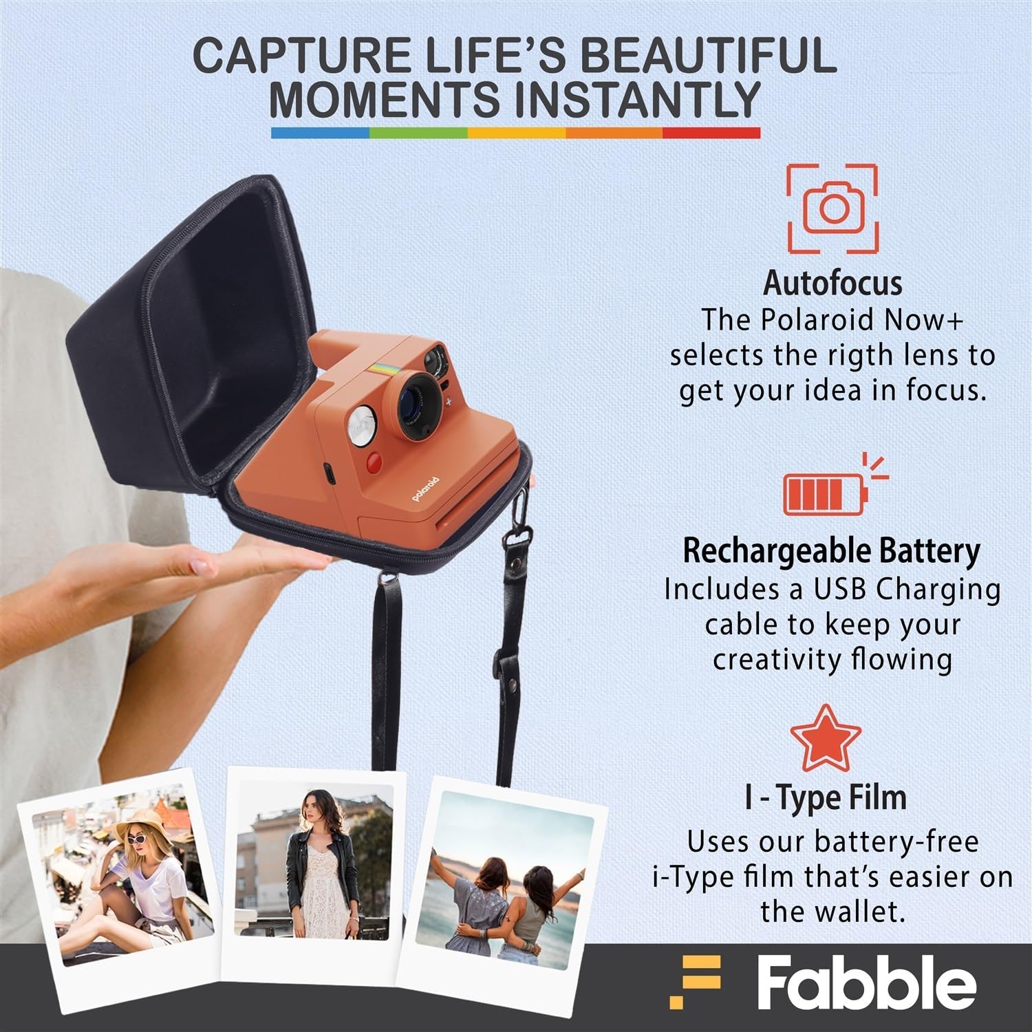 Polaroid Now+ Generation 3 I-Type Instant Film Camera (Coral) Bundle with Polaroid Color I-Type Film (8 Exposures), Hard Protective Case and USB-C 6 ft. Cable