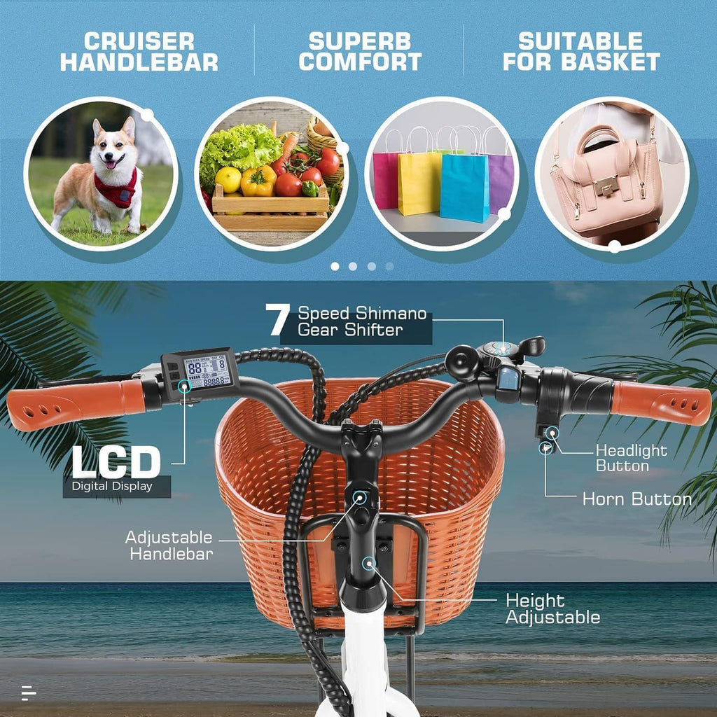 ANCHEER Electric Bike for Adults, 26' Peak 749W Motor Low Frame Electric City Bike with 48V/374Wh Battery, Up to 50Miles Step Through Commuter Ebike/Electric Bicycle with Basket, LCD Display