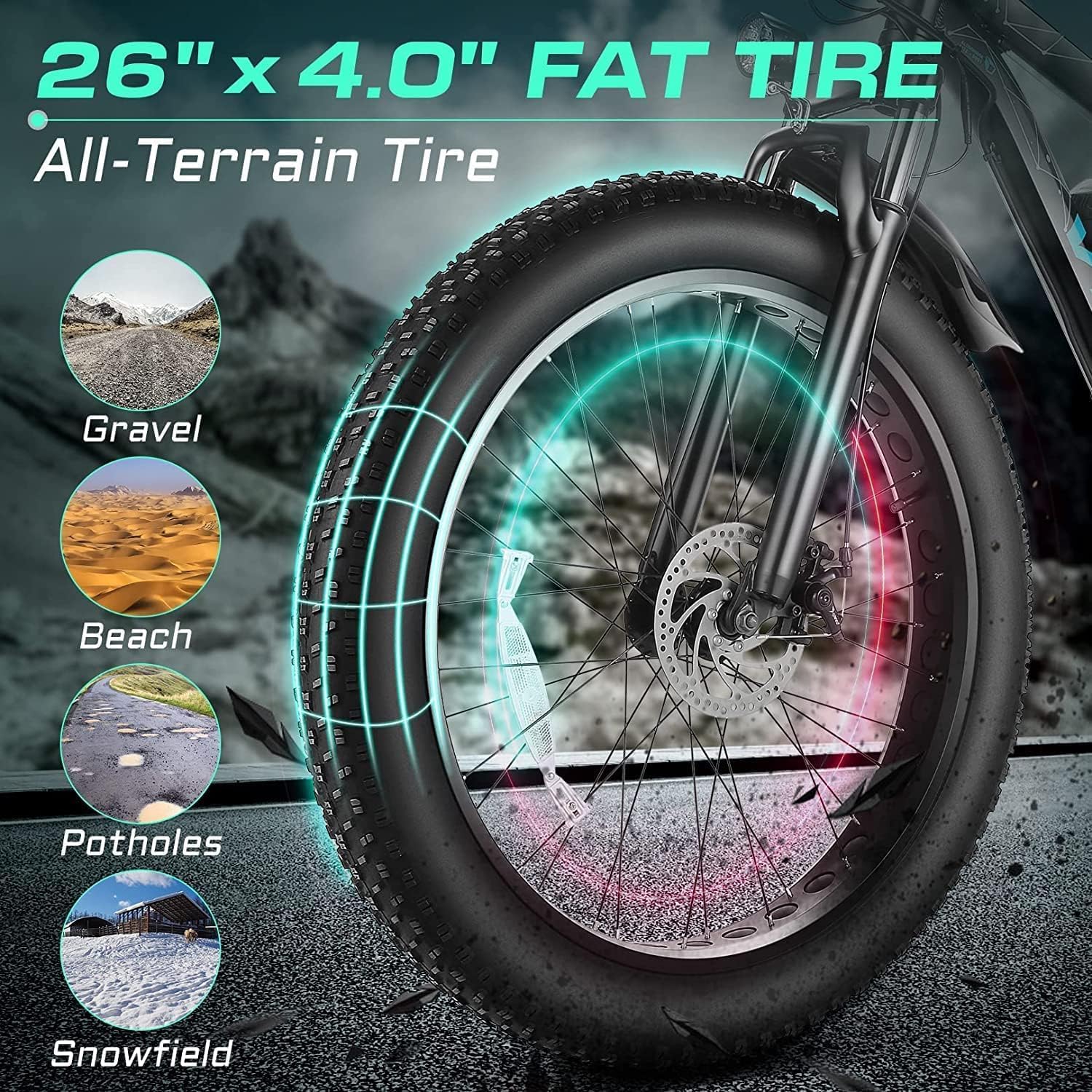 Vivi F26FUL Electric Bike Peak 1000W 26' x 4.0 Fat Tire Electric Bike with 48V 13Ah Removable Battery, 7Speed, Top 26Mph, Cruise Control, Up to 60 Miles, SGS Certified to UL2849