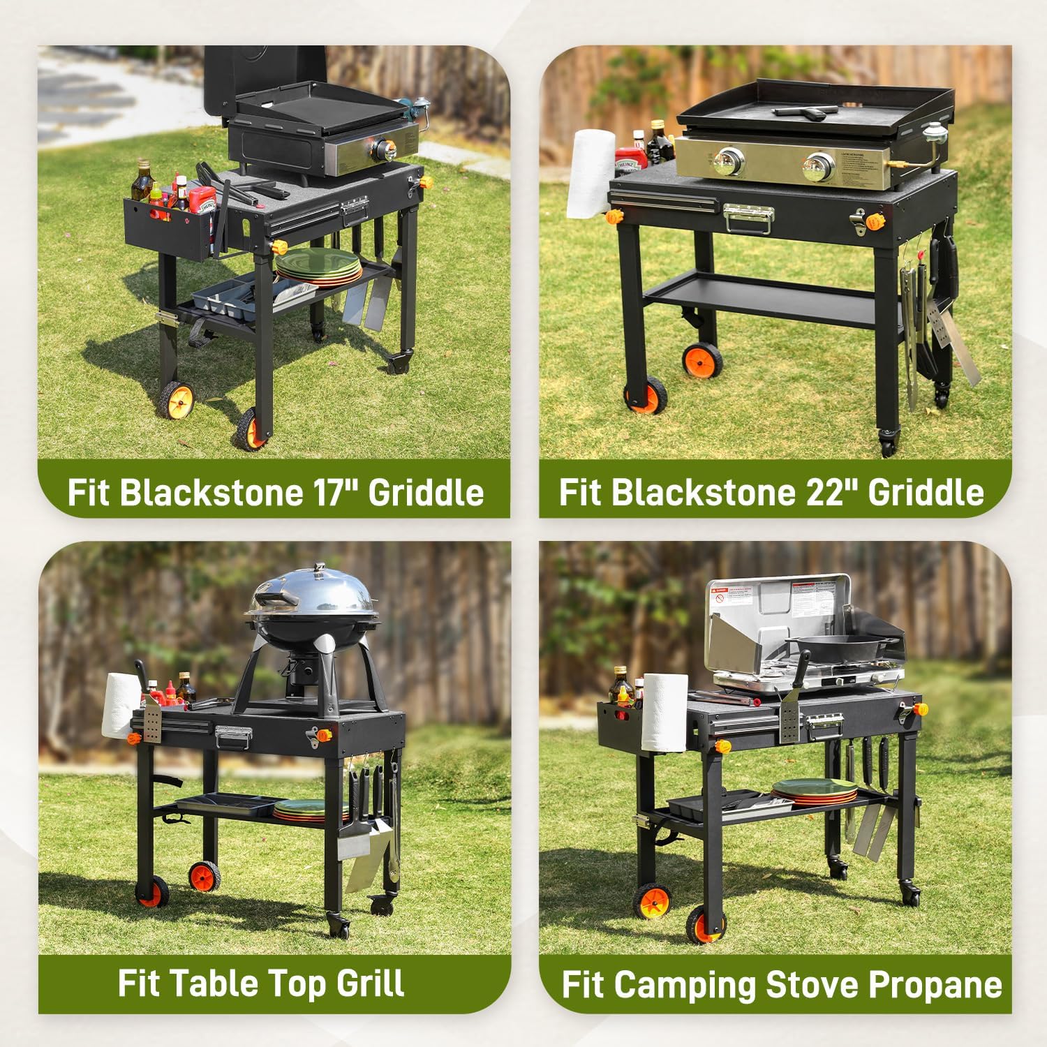 Portable Outdoor Grill Table, Blackstone Grill Stand Solid and Sturdy 31'W x 17'D, Movable Kitchen Cooking Prep BBQ Cart with Wheels, Folding Cart for Ninja, Blackstone Griddle 17'/22' etc