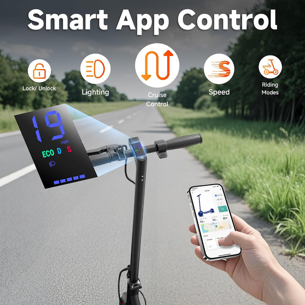 Electric Scooter, 350W-500W Motor, 19 MPH to 22MPH, 15-41 Miles Range, Dual Suspension, Dual Braking, App Control, Foldable Commuter E Scooter for Adults and Teens