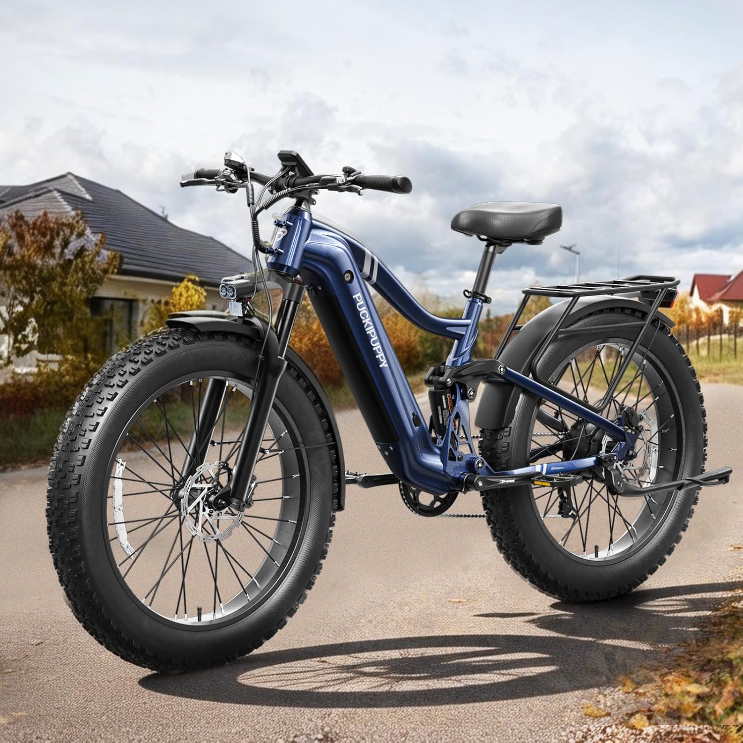 PUCKIPUPPY Boxer Electric Bike for Adults 960W, 48V 20AH Battery Ebike, Full Suspension 26' Fat Tire E Bike, 28MPH 80Miles Range Mountain Electric Bicycle, 7 Speed Hydraulic Disc Brakes