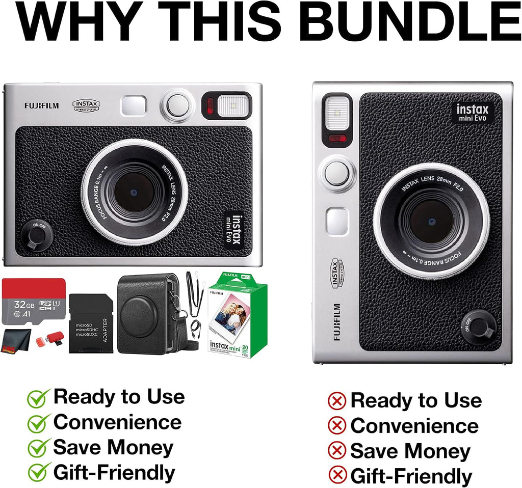 Fujifilm Instax Mini EVO Hybrid Instant Camera (Black) Bundle with Instax-Mini Twin Pack Instant-Film 20 Sheets + 32GB Memory Card + Vintage Black Mini-Evo Camera Case + Cleaning Cloth