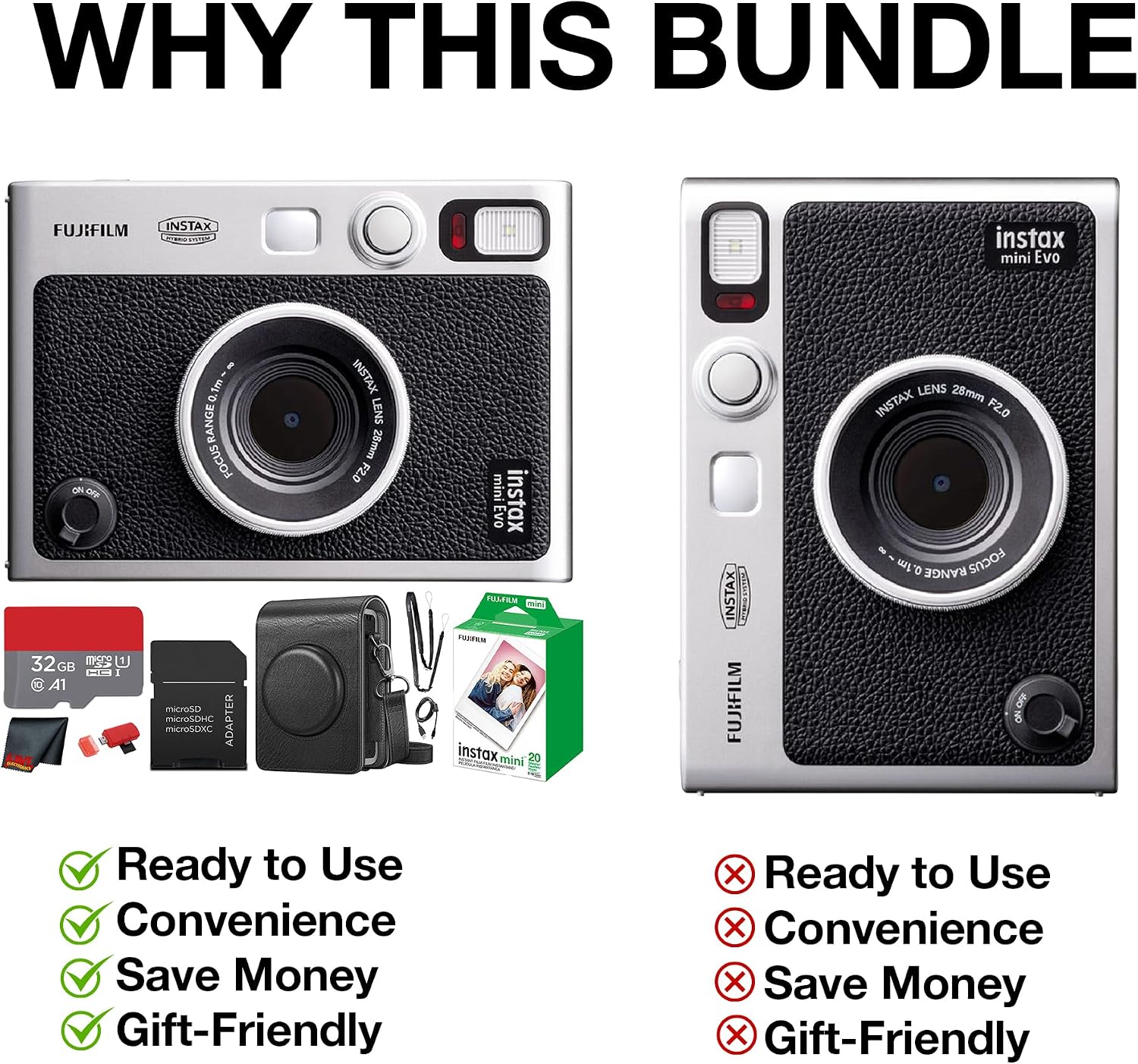Fujifilm Instax Mini EVO Hybrid Instant Camera (Black) Bundle with Instax-Mini Twin Pack Instant-Film 20 Sheets + 32GB Memory Card + Vintage Black Mini-Evo Camera Case + Cleaning Cloth