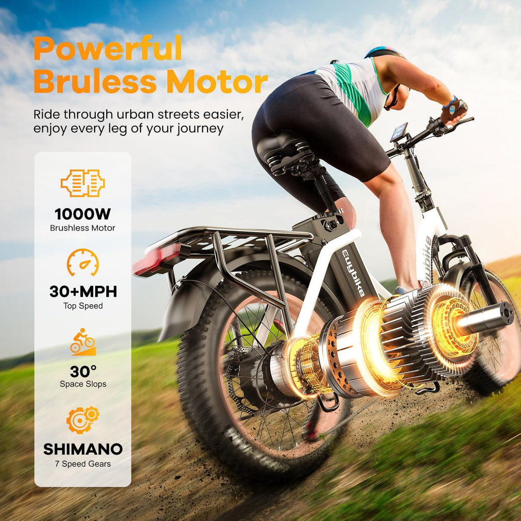 EUYBIKE Folding Electric Bike for Adults with Peak 1000W Motor, 48V 20AH Battery up to 80 Miles, 20' Fat Tire All Terrain Ebike, Front Suspension 7-Speed Commuter E Bike, Step-Thru, UL Certified