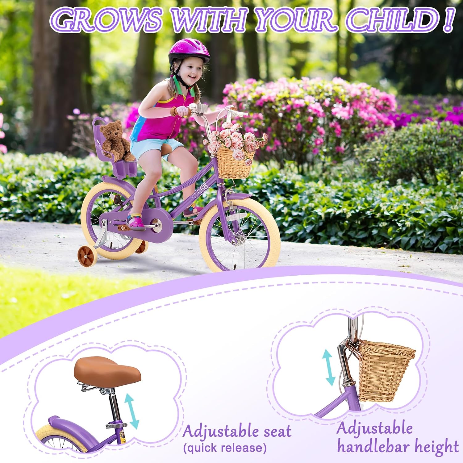 Glaf Toddler Girls Bike 12 14 16 20 Inch Girls Bike with Training Wheels Age 2-12 Years Old Bicycle Kids Bike with Basket and Doll Seat Adjustable Seat