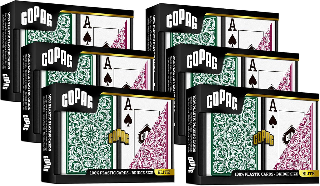 Copag 1546 Design 100% Plastic Playing Cards, Bridge Size (Narrow) Green/Burgundy (Jumbo Index, 6 Sets)