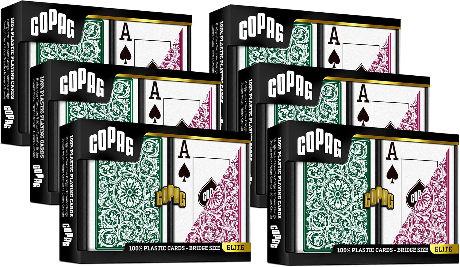 Copag 1546 Design 100% Plastic Playing Cards, Bridge Size (Narrow) Green/Burgundy (Jumbo Index, 6 Sets)