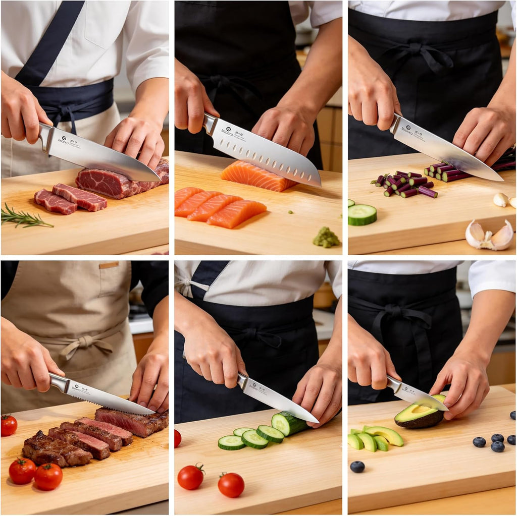 imarku 15-Piece Knife Block Set Built-in Sharpener, Japanese High Carbon Stainless Steel Kitchen Knife Set, Dishwasher Safe, Chef Knife Set with Wooden Knife Block, Steak Knives for Kitchen Cooking