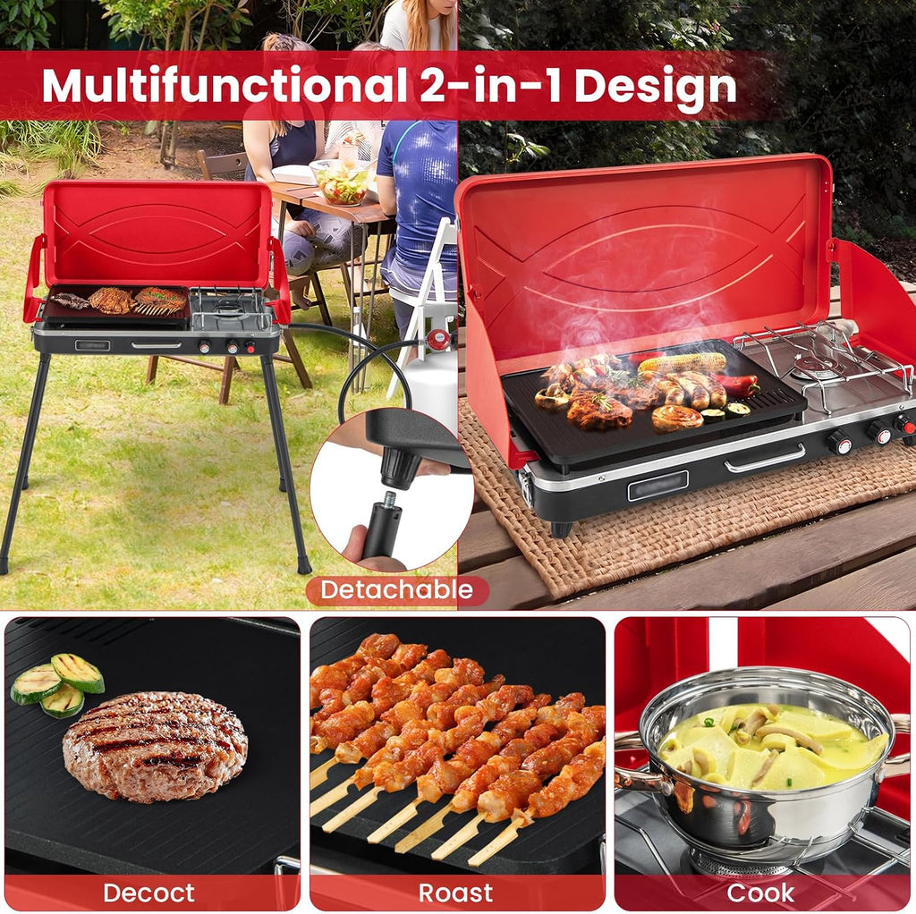 HAPPYGRILL Portable Camping Stove, 2-Burner Propane Grill Cooker with Removable Leg Stand, Roast Grill, Dual Control Knobs, Wind Guards, Outdoor Gas Grill for Camping BBQ Picnic, Red