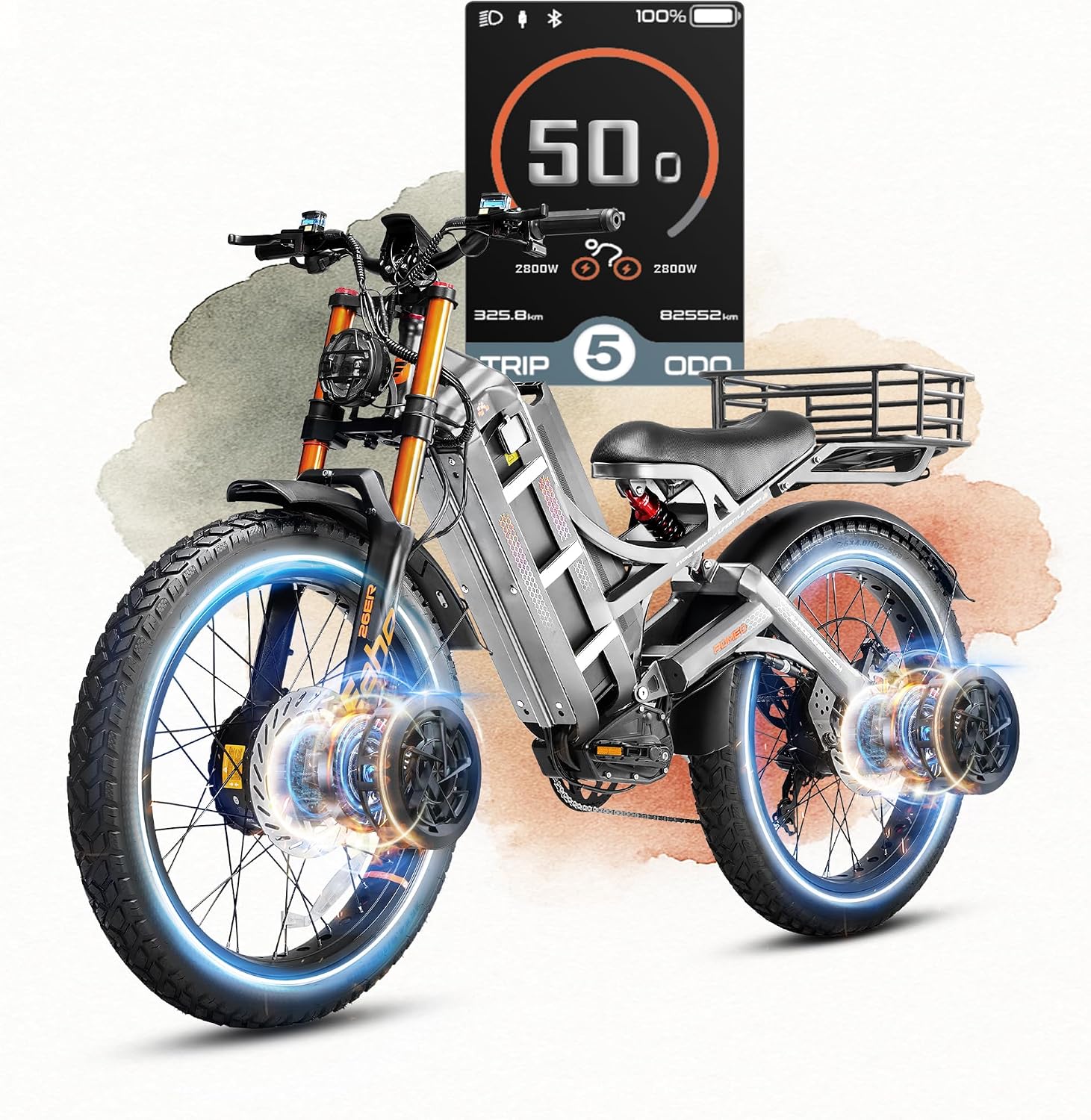 eAhora 2026 Romeo Pro 3 50MPH Electric Bike for Adults 5600W Dual Motor E Bike 60V/80Ah 250 Miles Long Range Electric Bicycle,26 * 4.0 Fat Tire Full Suspension Electric Mountain Bike Delivery Commute
