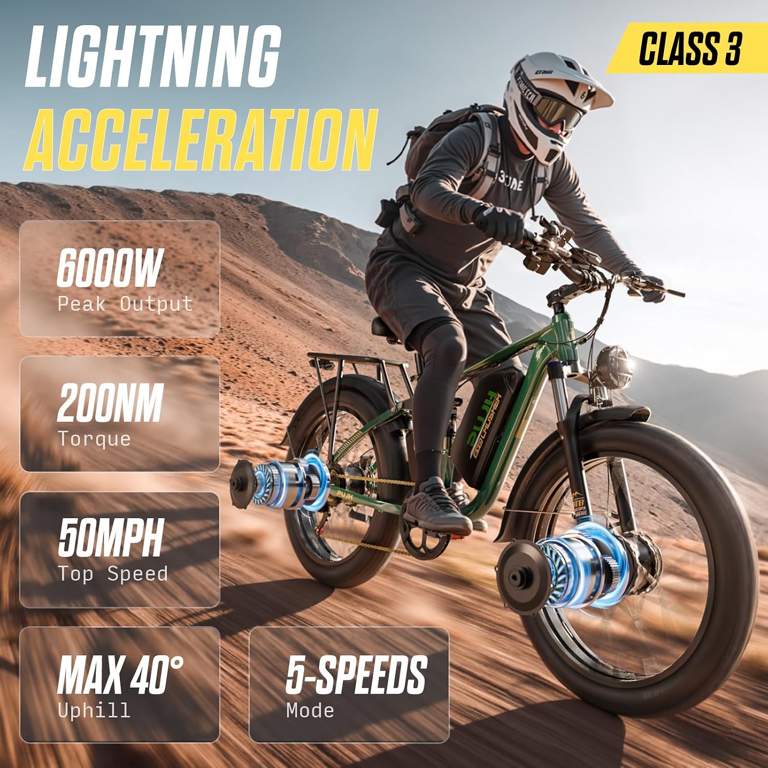 6000W Dual Motors Electric Bike for Adults,60V 20Ah 26' Fat Tire Ebike,50 mph up to 100 Miles Full Suspension Class 3 Electric Bicycle for Snow Off Road Mountain Hunting Commuter