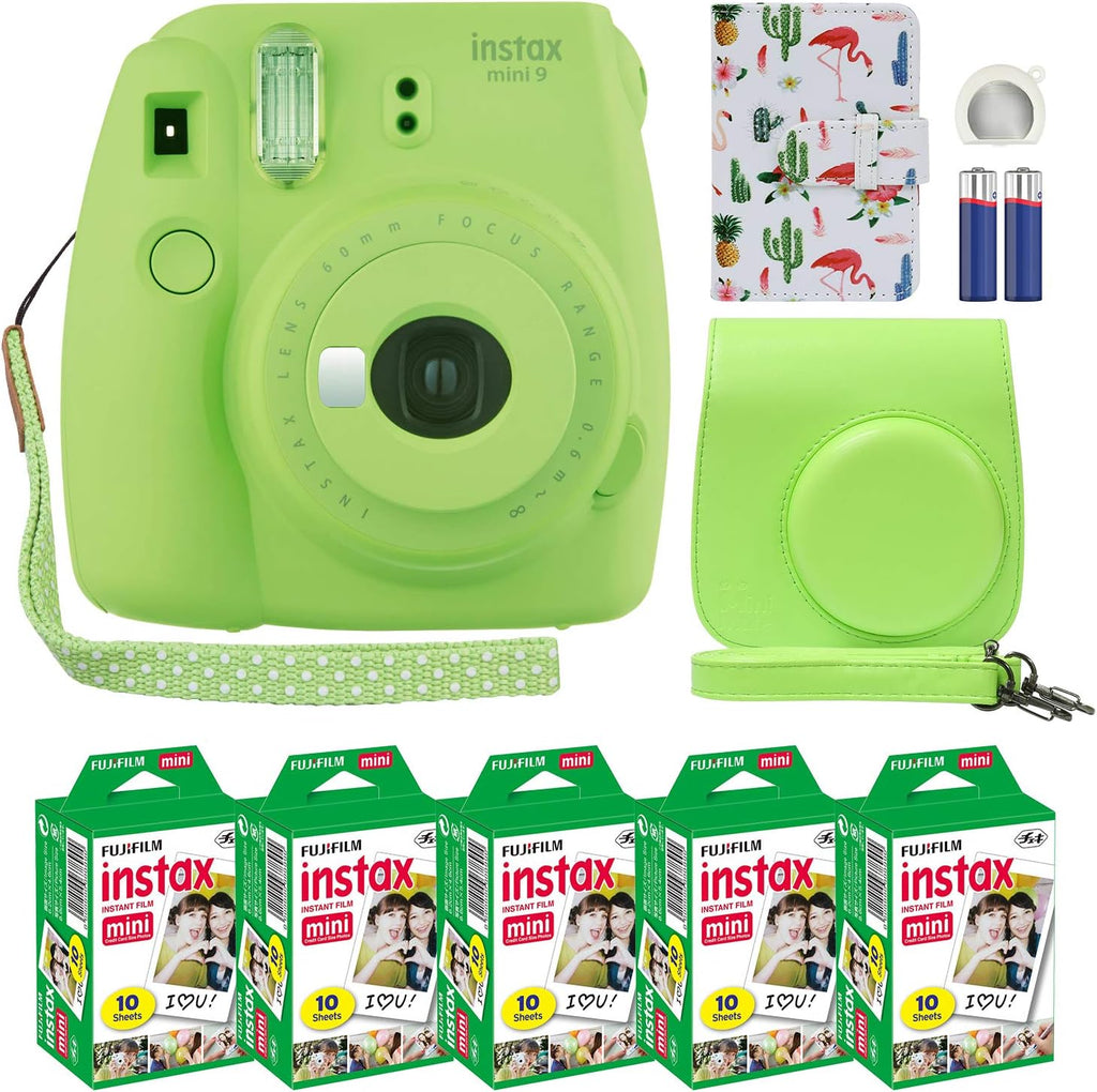 Fuji Instax Mini 9 Instant Camera Lime Green with Custom Case + Film Value Pack (50 Sheets) Flamingo Designer Photo Album for Fuji instax Mini 9 Photos