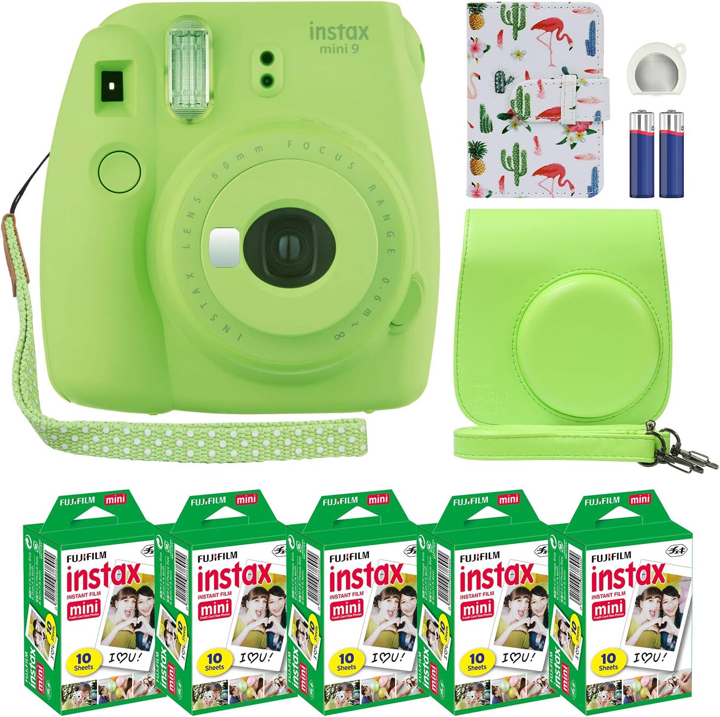 Fuji Instax Mini 9 Instant Camera Lime Green with Custom Case + Film Value Pack (50 Sheets) Flamingo Designer Photo Album for Fuji instax Mini 9 Photos