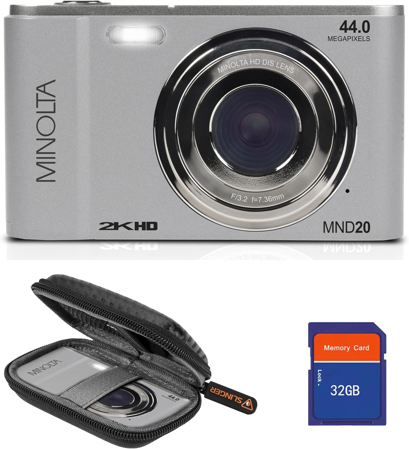 Minolta MND20 44 MP 2.7K Ultra HD Digital Camera with Slinger Camera case (Silver)