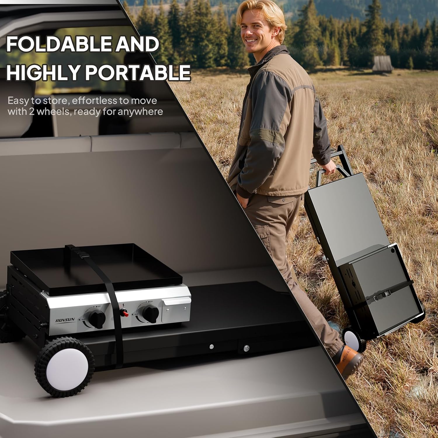 ROVSUN 2 Burner Foldable Propane Griddle with Wheels & Enameled Tray, 20000 BTU Portable Flat Top Gas Grill with Electronic Ignition & Regulator for Outdoor Cooking Camping BBQ Tailgating Picnicking