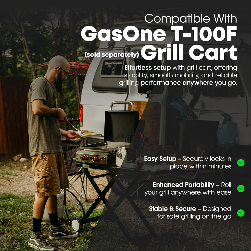 GasOne Flat Top Gas Grill with Lid – Auto Ignition Propane – Premium Stainless Steel Body Tabletop with Pre Season Griddle – Oil Drip Tray – for RV, Camping