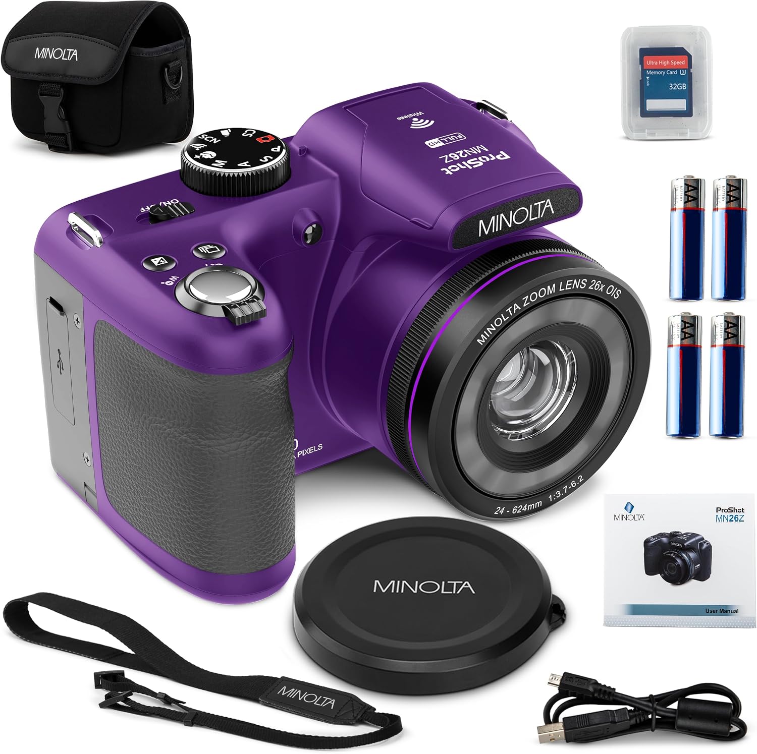 Minolta ProShot 20MP Camera – 26x Optical Zoom Lens, 1080p HD Video, WiFi, 3-inch LCD Screen, Image Stabilization, Face Detection, Scene Modes, Compact Point & Shoot, 32GB Card (Purple)