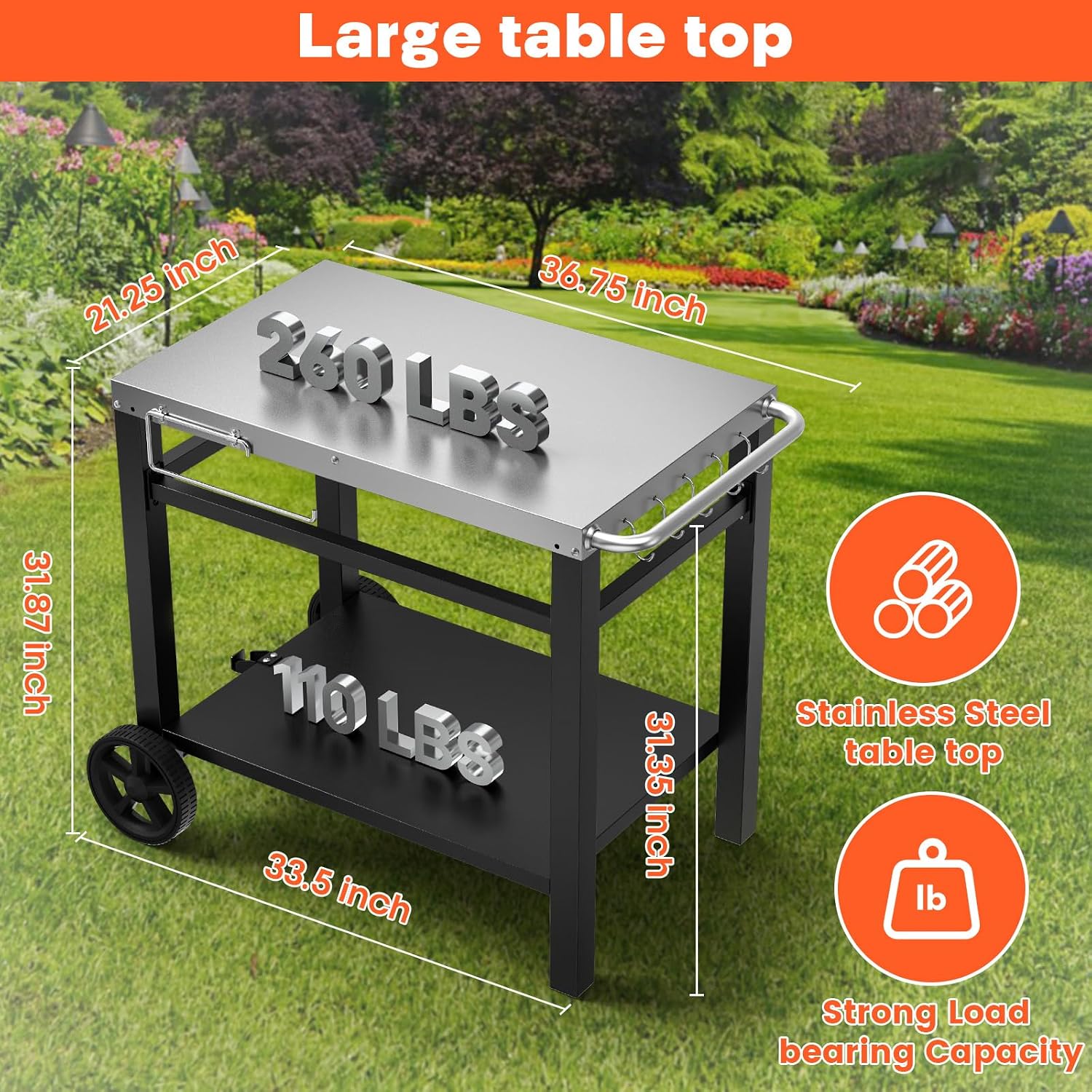 Double-Shelves Stainless Steel Flattop Grill Cart, Movable Kitchen Indoor & Outdoor Cooking Station, Fits Ninja/Ooni/Blackstone/Weber Q, Pizza Oven Food Prep Table for Party, 33.5'×21'