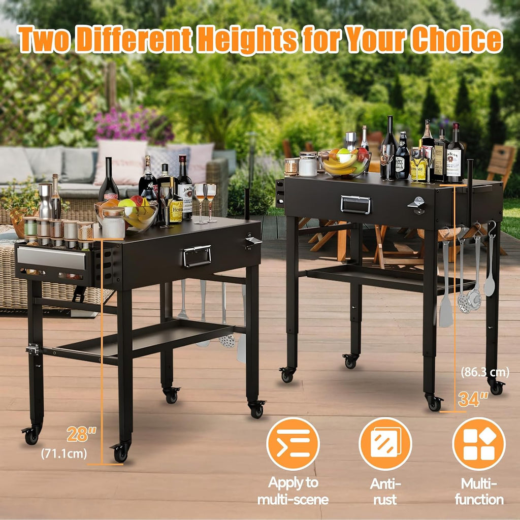 Grill Table for Ninja, Universal Foldable Grill Cart for Blackstone, Weber, Ooni Pizza Oven, Portable Outdoor Grill Stand, Adjustable Height 28''-36'', with Caddy, Paper Towel Holder, 4 Wheels