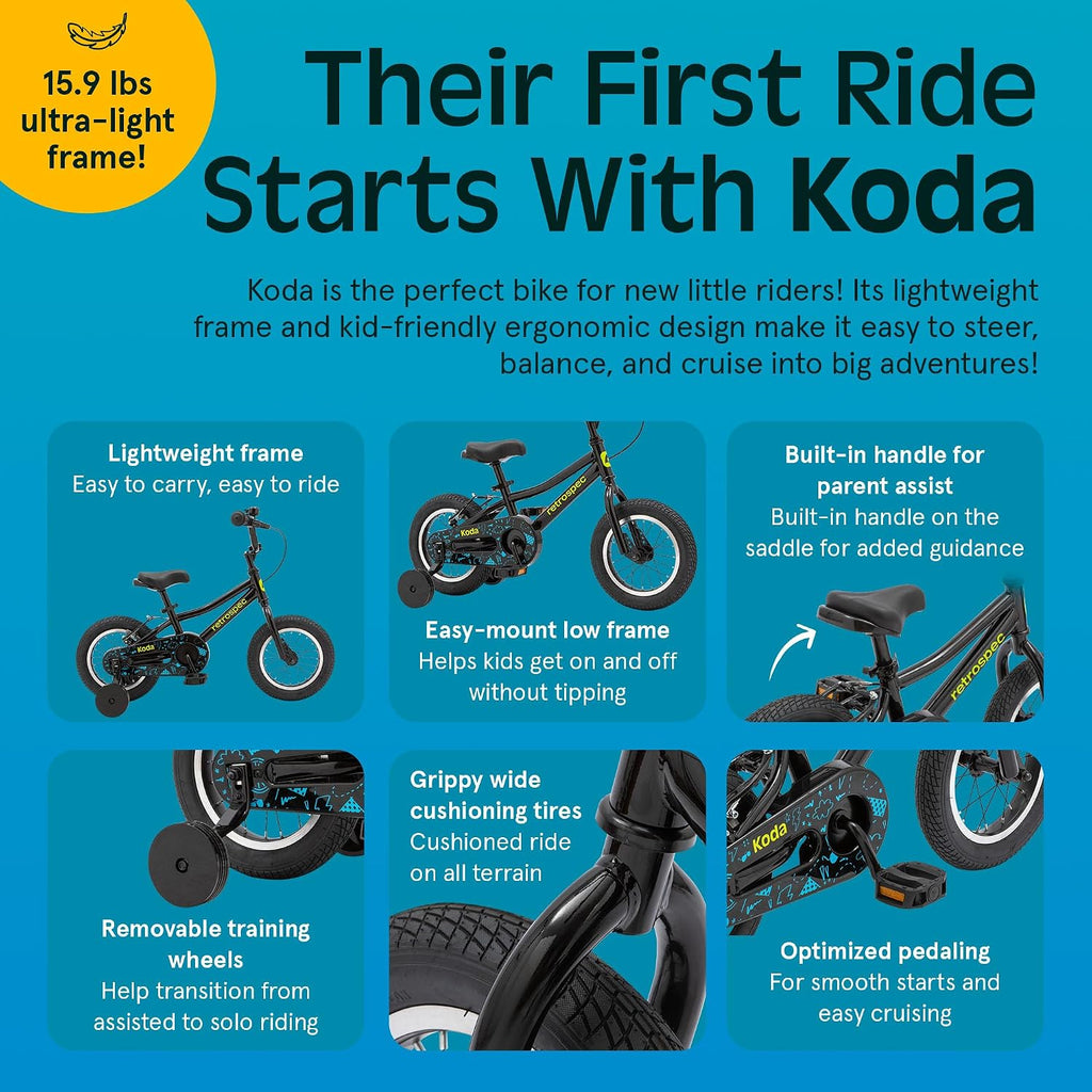 Retrospec Koda Plus Kids Bike for Boys & Girls Ages 2-3 Years - Children's Bicycle, Adjustable Seat & Handlebars, Removable Training Wheels, Front Hand Brakes, Rear Coaster Brake & Safety Bell