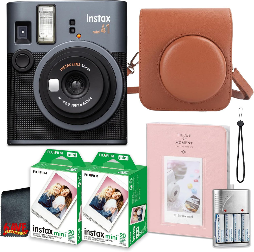 Fujifilm Instax Mini 41 Instant Camera Bundle with Fuji Instax-Instant-mini Film Value Pack (40 Sheets) + Photo Album – 64 Pockets + Vintage Style Compatible Carrying Case Brown + More