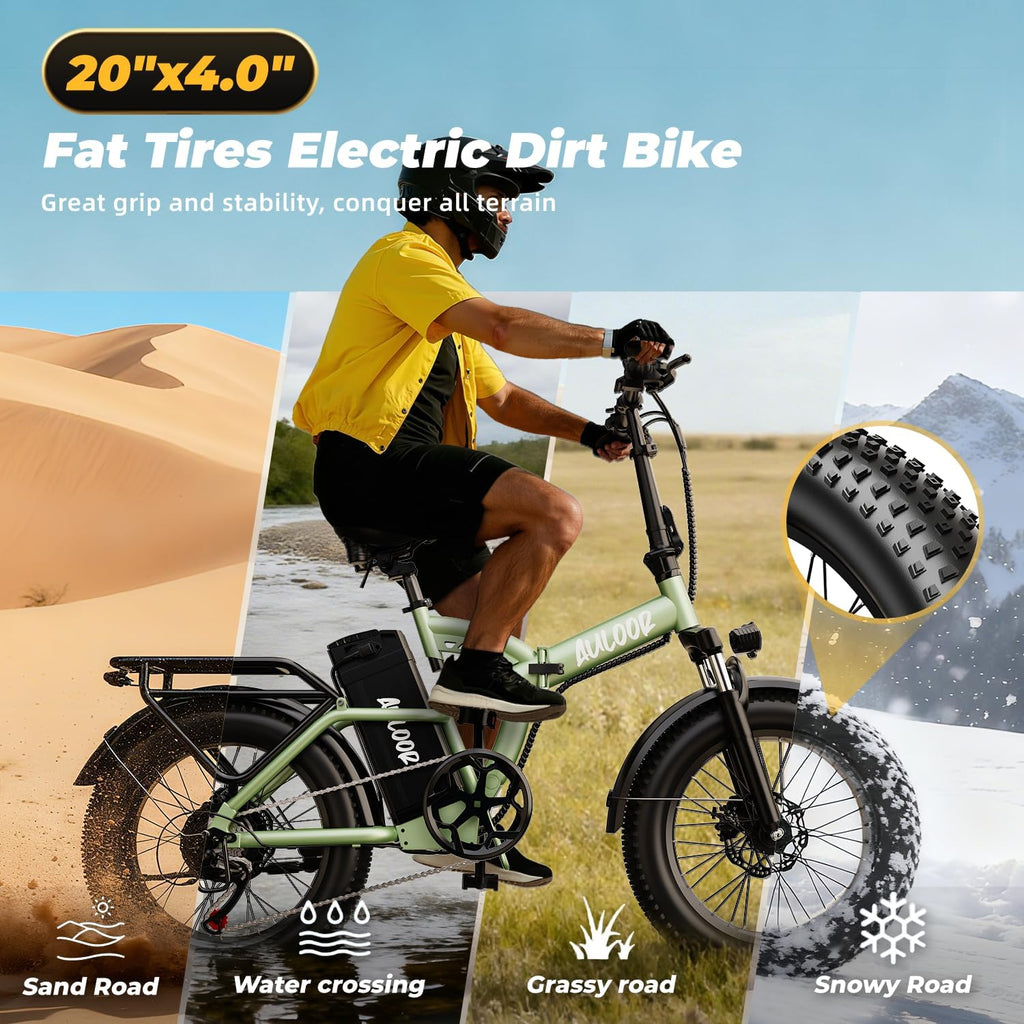 Foldable Electric Bike for Adults, 48V 20Ah Removable Lithium Battery up to 80Miles, 20' Fat Tire 1000W Peak Motor Dirt Ebike Adult Electric Bicycle for Commute Beach Mountain E Bike
