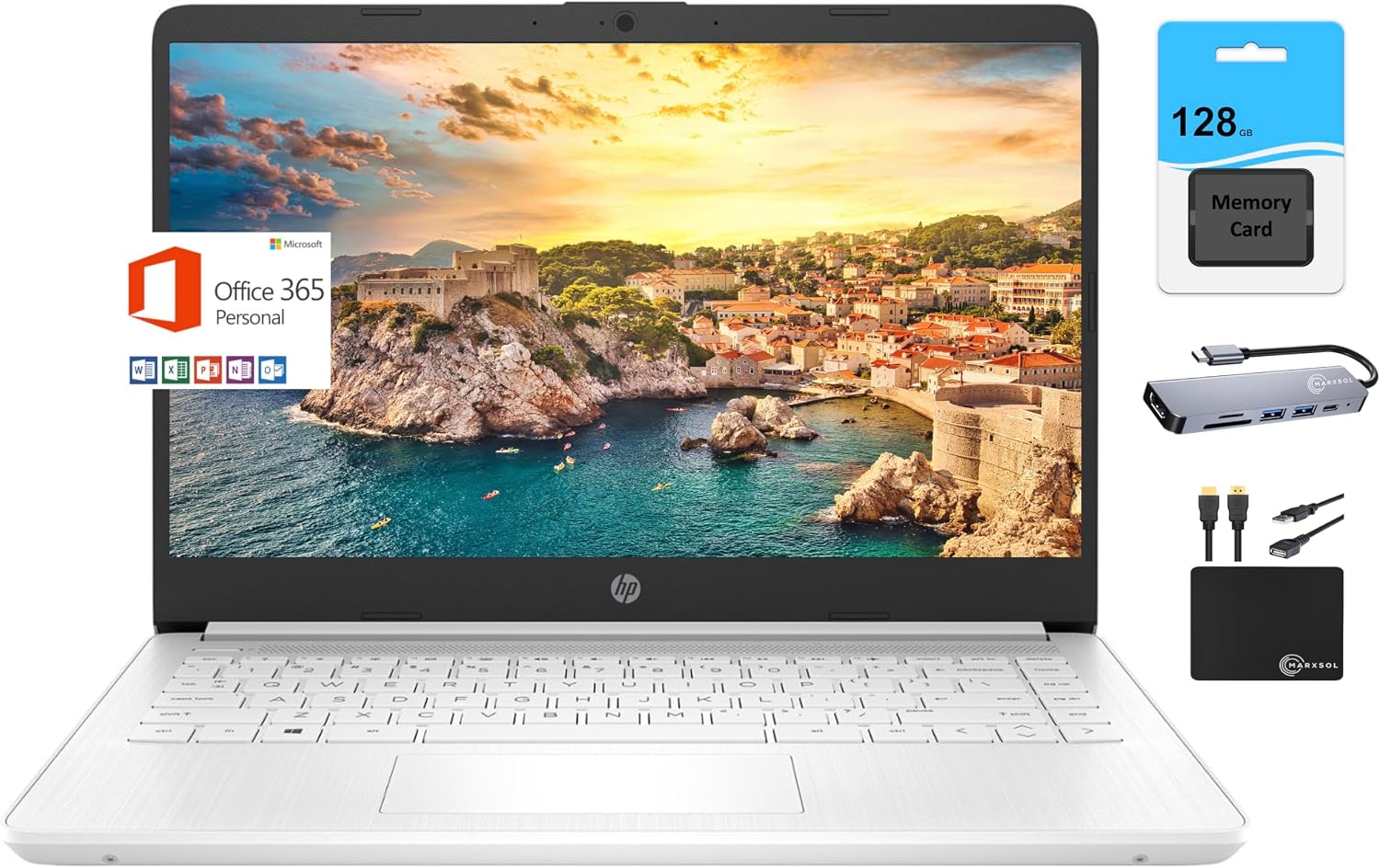 HP New 14' HD Light Thin Laptop Student Business, Quad-Core Intel N4120, 8GB RAM, 192GB (64GB eMMC+ 128GB Card), Webcam, Wi-Fi, Long Battery, Windows 11S + 1 Year Office 365, White+MarxsolAccessory