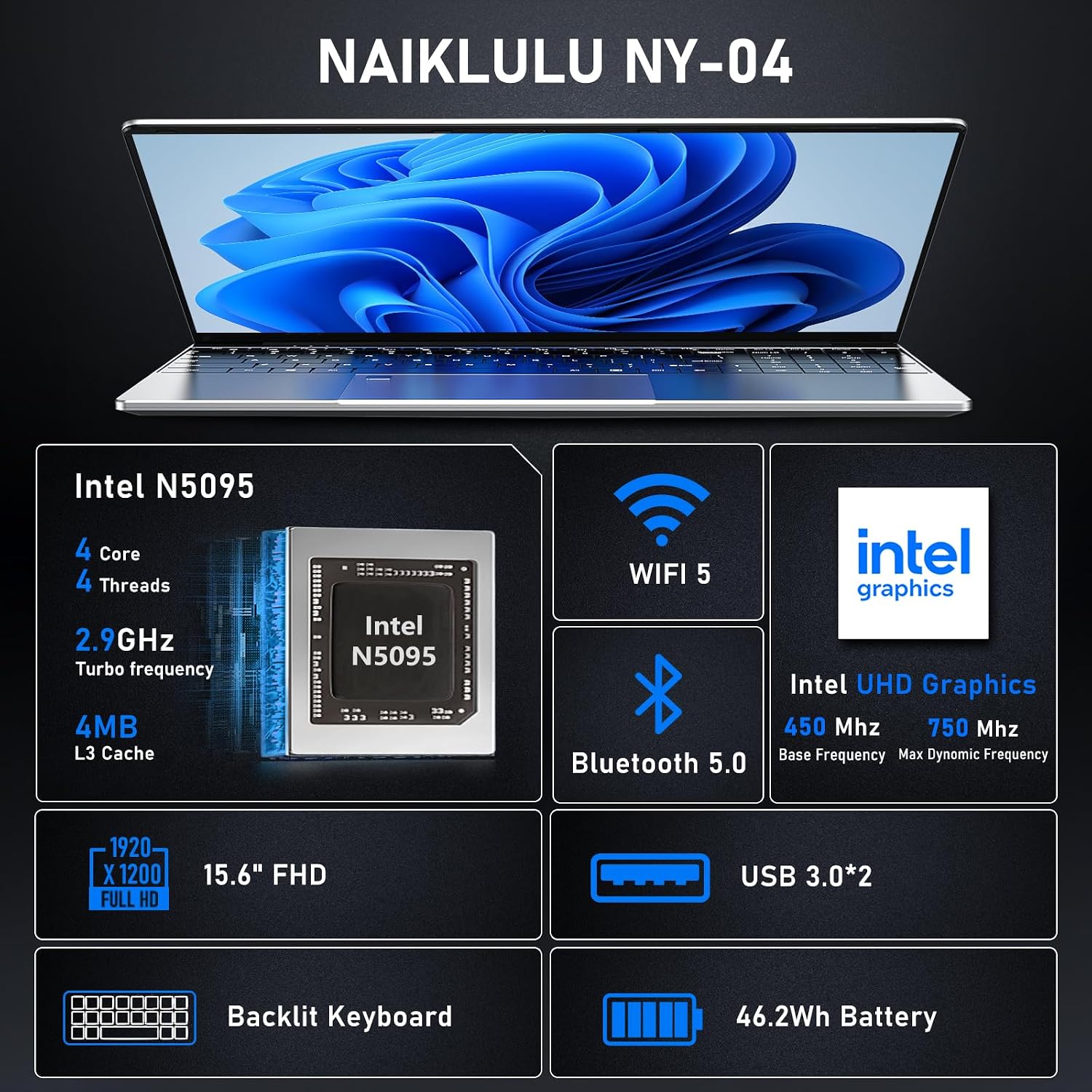 NAIKLULU Gaming Laptop,Window 11 Pro Laptop Computer, 15.6 Inch Lap Top，16GB RAM 1TB SSD,1920 * 1080 Display,WiFi 5,BT5.0,N5095 Processor(up to 2.9Ghz),Backlit Keyboard,Fingerprint Unlock