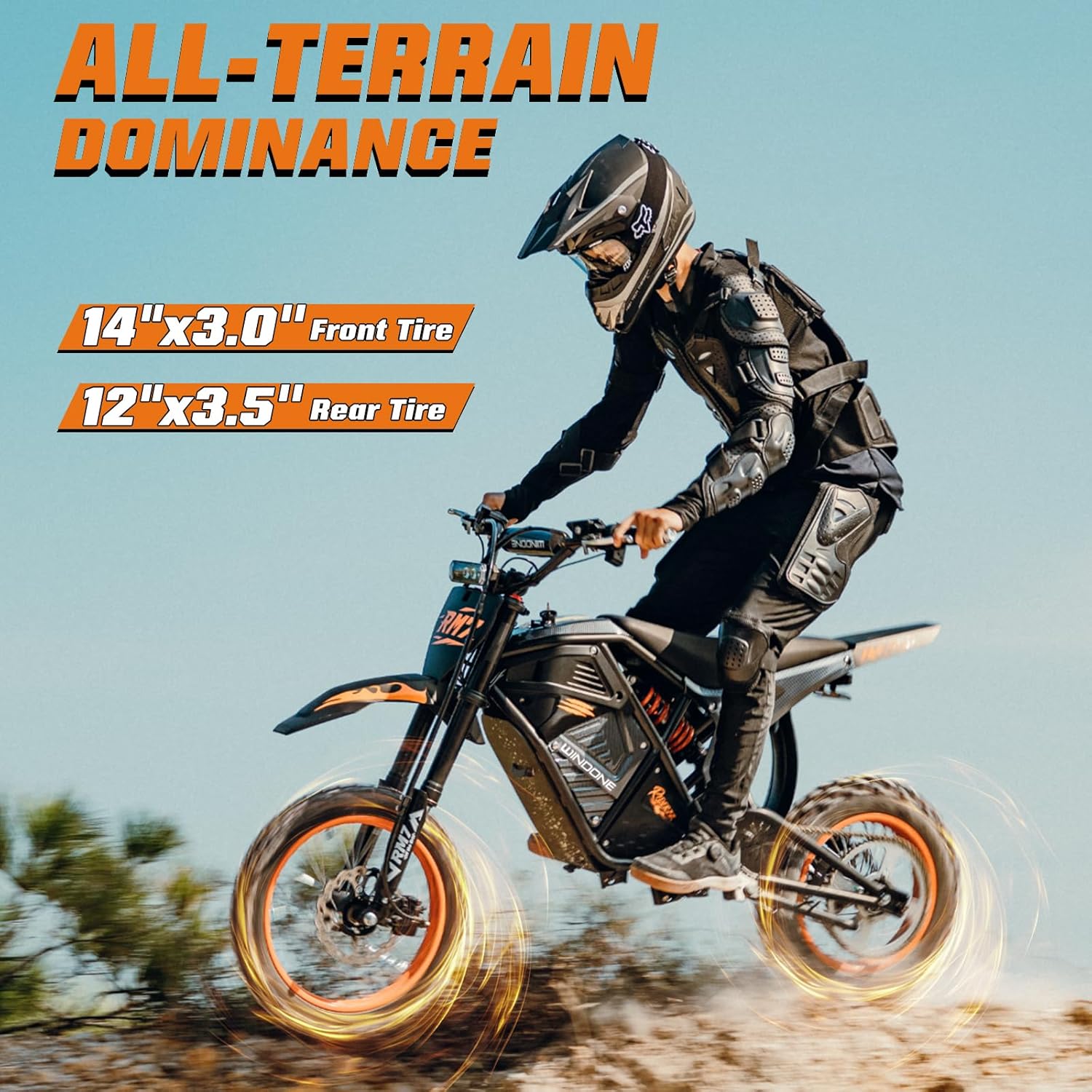 Windone RM7 Electric Dirt Bike, 48V 22.5Ah Up to 37MPH & 45-Mile Electric Motorcycle, 2200W Ebike, 14'/12' Off-Road Tire E-Bike, Dual Hydraulic Brakes, Full Suspension, Black & Orange
