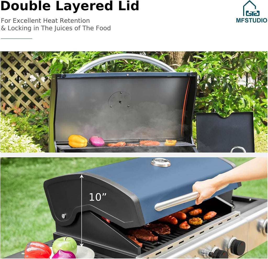 MFSTUDIO 4 Burner BBQ Gas Grill with Side Burner, Propane Grills with Porcelain-Enameled Cast Iron Grates, 42,000 BTU for Outdoor Backyard Barbecue Cooking, Blue
