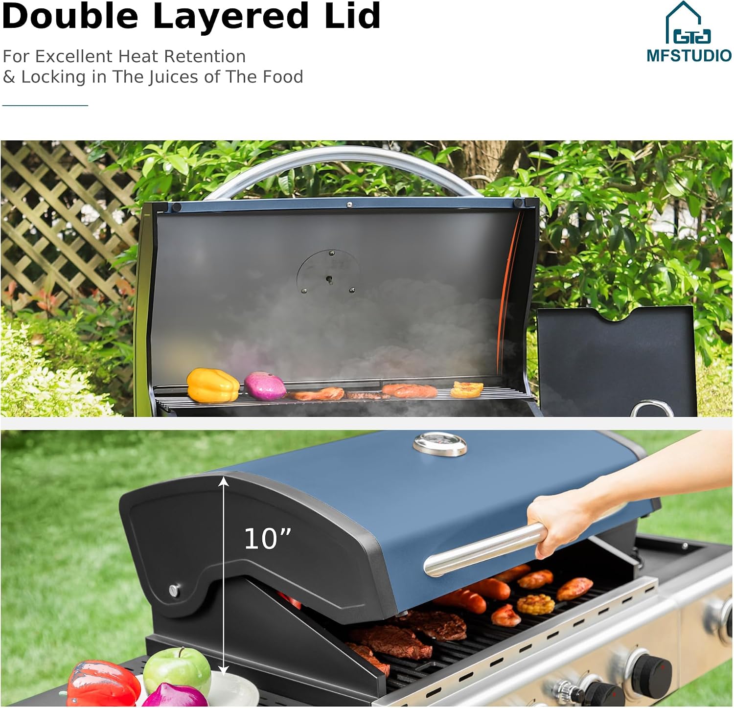MFSTUDIO 4 Burner BBQ Gas Grill with Side Burner, Propane Grills with Porcelain-Enameled Cast Iron Grates, 42,000 BTU for Outdoor Backyard Barbecue Cooking, Blue
