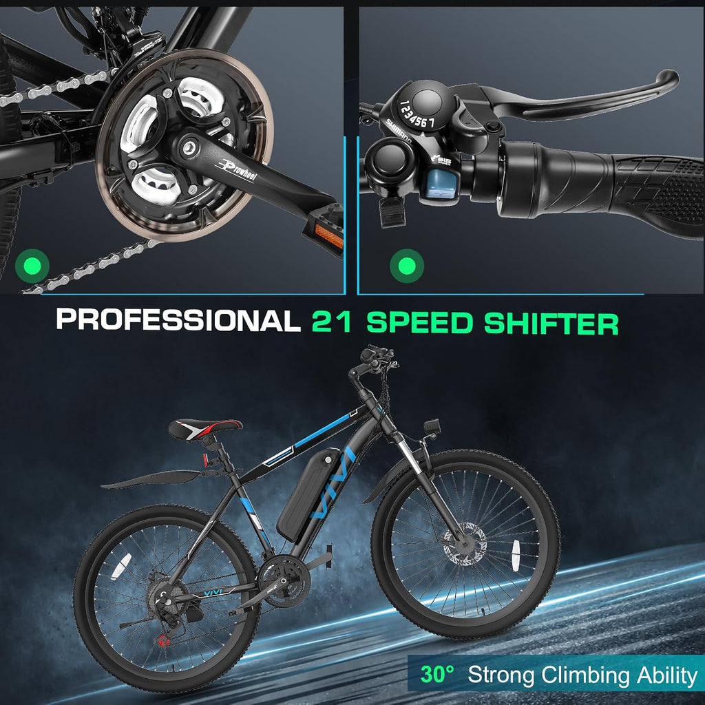 Vivi Electric Bike for Adults, Peak 750W Ebike 26' Electric Mountain Bike, 20MPH Adult Electric Bicycles Commuter Ebike with 48V Battery, Up to 50 Miles, 21 Speed, SGS Certified to UL2849