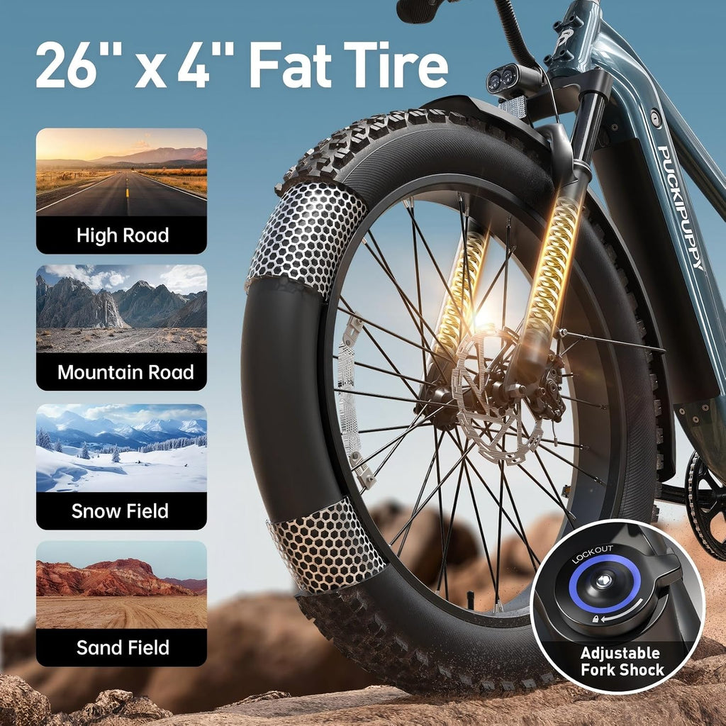 PUCKIPUPPY Electric Bike for Adults 960W, 26' Fat Tire 80Miles Range Electric Mountain Bike, 48V 15AH Removable Battery Ebike, 28MPH 7 Speed Aluminum Frame E Bike with Rear Storage Shelf