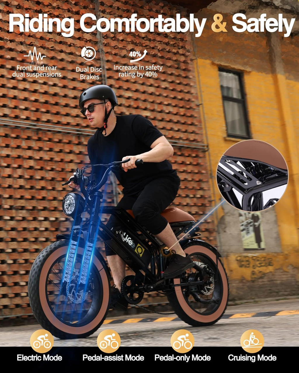 Qlife Electric Bike for Adults/Teens Spark-1500W Peak Motor 20' Fat Tires 28MPH(Unlock to 35MPH) Dirt Bike, 624-1248Wh Removable Battery Ebike, Dual Suspension & Brakes Motorcycle, 21-Speed Bicycle