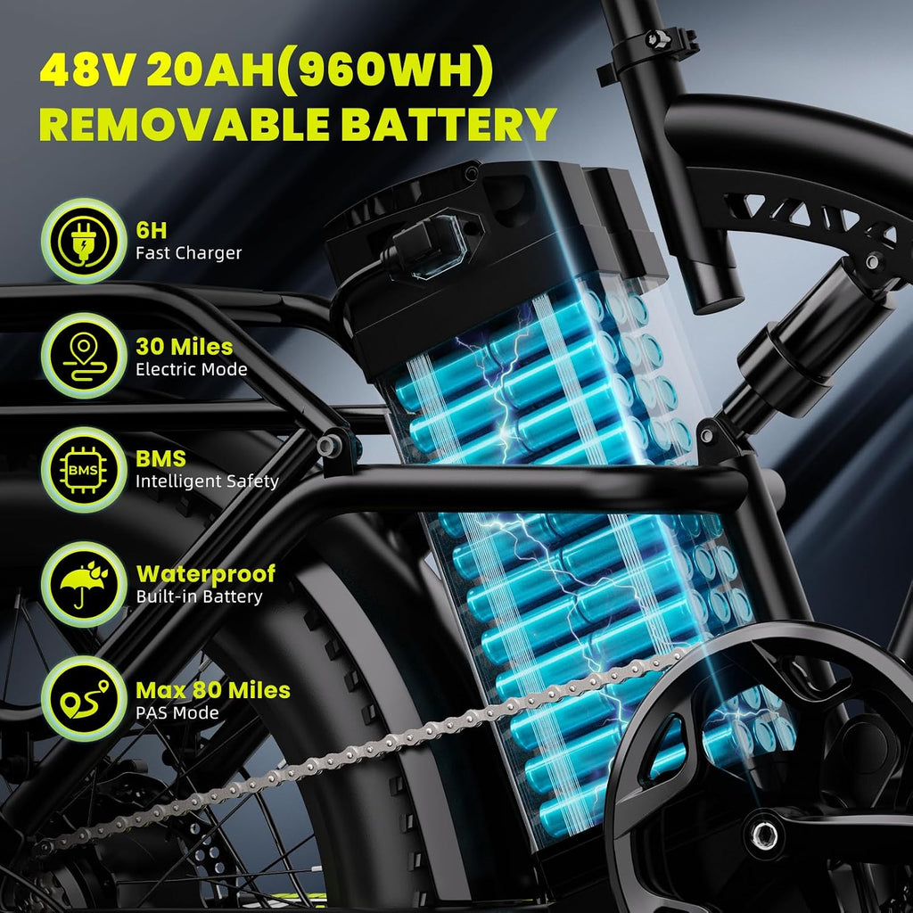 bluebiko 1000W Folding Electric Bike, 48V 20AH Large Removable Battery E Bike, 80 Miles Max Range, 20' Fat Tire Electric Bike for Adults, Adult Electric Bicycles for Commute Beach Snow