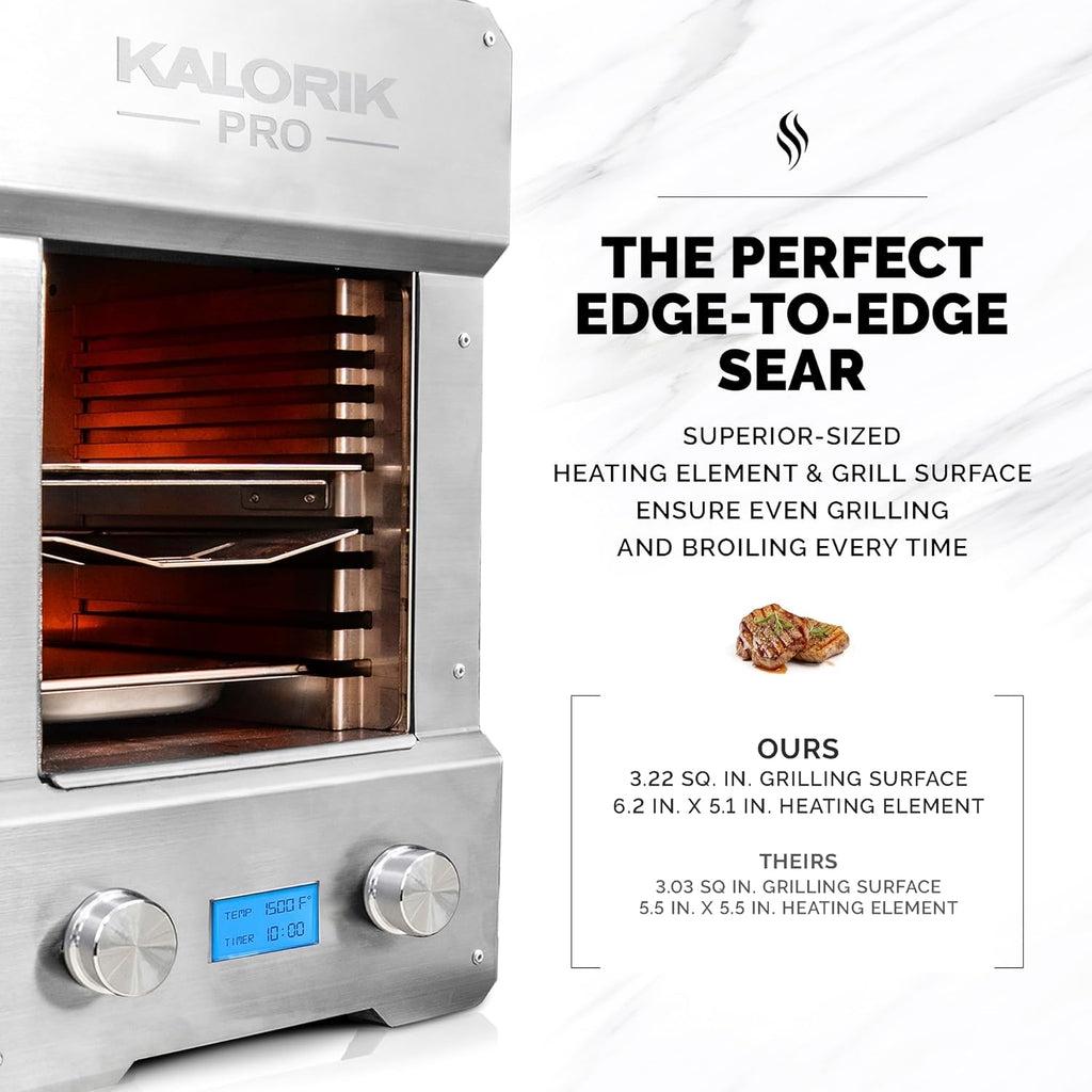 Kalorik Steakhouse Grill Pro Electric Broiler, 1500°F Stainless Steel Steak Cooker with 2 Grill Plates, Electric Grill for BBQ Burgers & Fish, 1600-Watts, Stainless Steel
