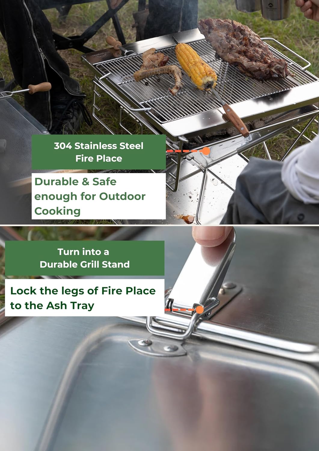 CAMPINGMOON 3 in1 Flatpack Portable Fire Pit Grill 16 inch Heavy Duty Stainless Steel Wood Burning Camping Stove Adjustable Height Backyard Outdoor Cooking RV Trips Carry Bag included MT-055