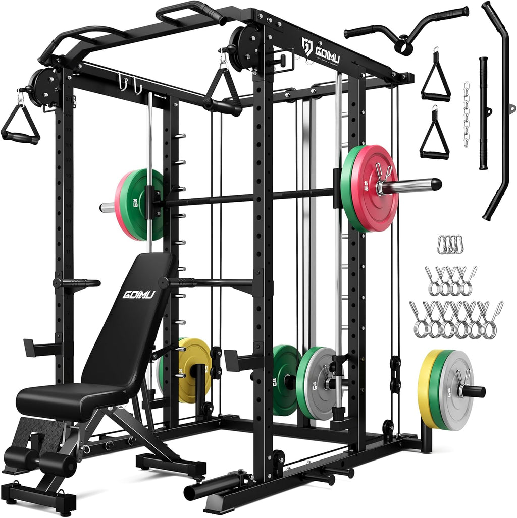 S1-V4 Smith Machine, 2000LBS Power Cage with Cable Crossover System, All-in-One Squat Rack with Smith Bar, Strength Training Equipment for Hone Gym