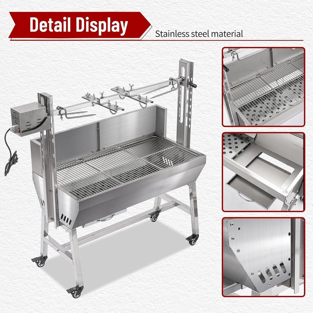 Rotisserie Grill With Wind Screen, Stainless Steel Charcoal Spit, Electric Pig Rotisserie Machine, 132LBS/60KG BBQ Grill for Pig Roasting, Camping & Backyard Use