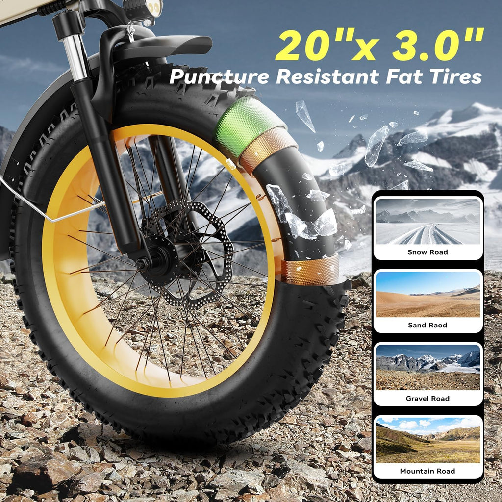 Foldable Electric Bike for Adults, 30+MPH, 48V 20Ah Removable Battery up to 80Miles, 20' Fat Tire Peak 1000W Motor Dirt Ebike Adult Electric Bicycle for City Commute Beach Mountain Adventurous E Bike